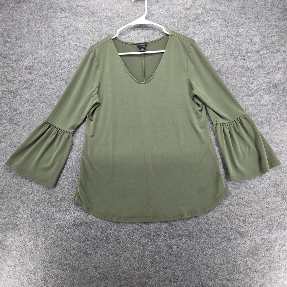 Ann Taylor Factory Shirt Womens Medium Green V-Neck Bell Sleeve Stretch Tunic